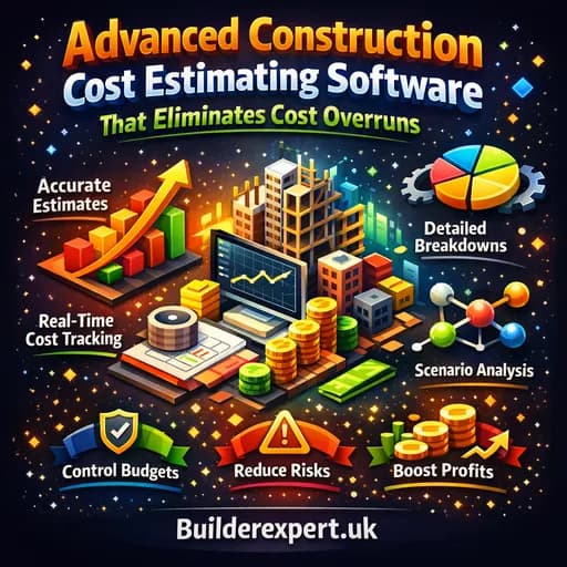 Infographic on advanced construction cost estimating software preventing cost overruns in residential projects