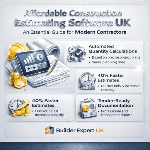 Infographic on affordable construction estimating software for UK contractors, showing cost accuracy, margins and faster estimates