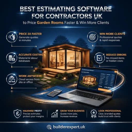 Infographic on estimating software for contractors UK pricing garden room builds faster to win more clients