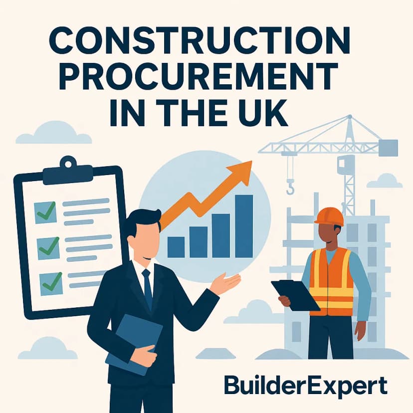 Infographic on construction procurement in the UK showing routes, strategies and cost control tips for builders
