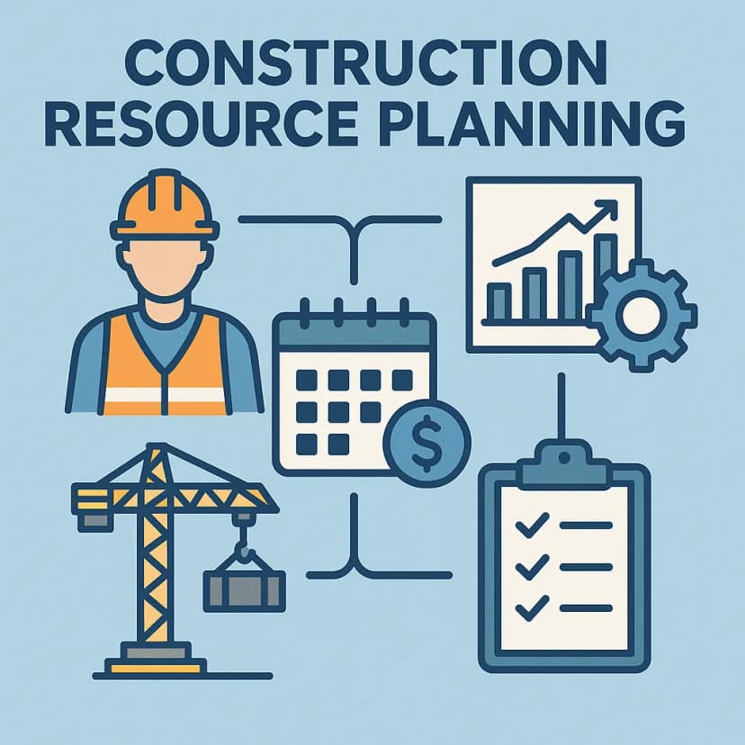 Infographic on construction resource planning showing how to manage labour, materials and equipment on UK building projects