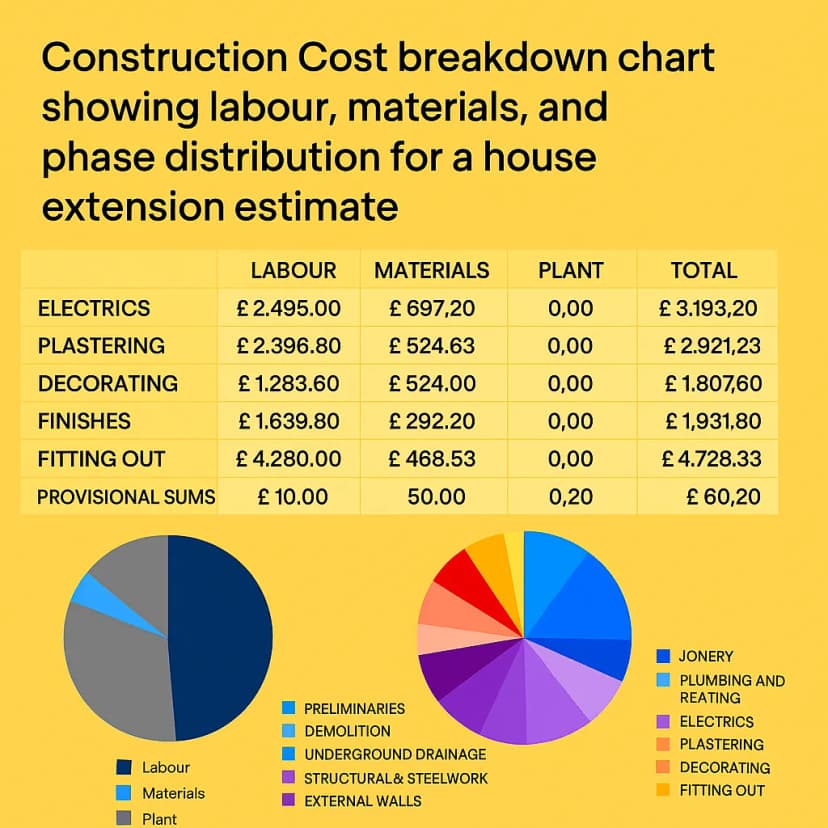 Infographic showing how to estimate a house extension in 2025 with costs split across construction phases