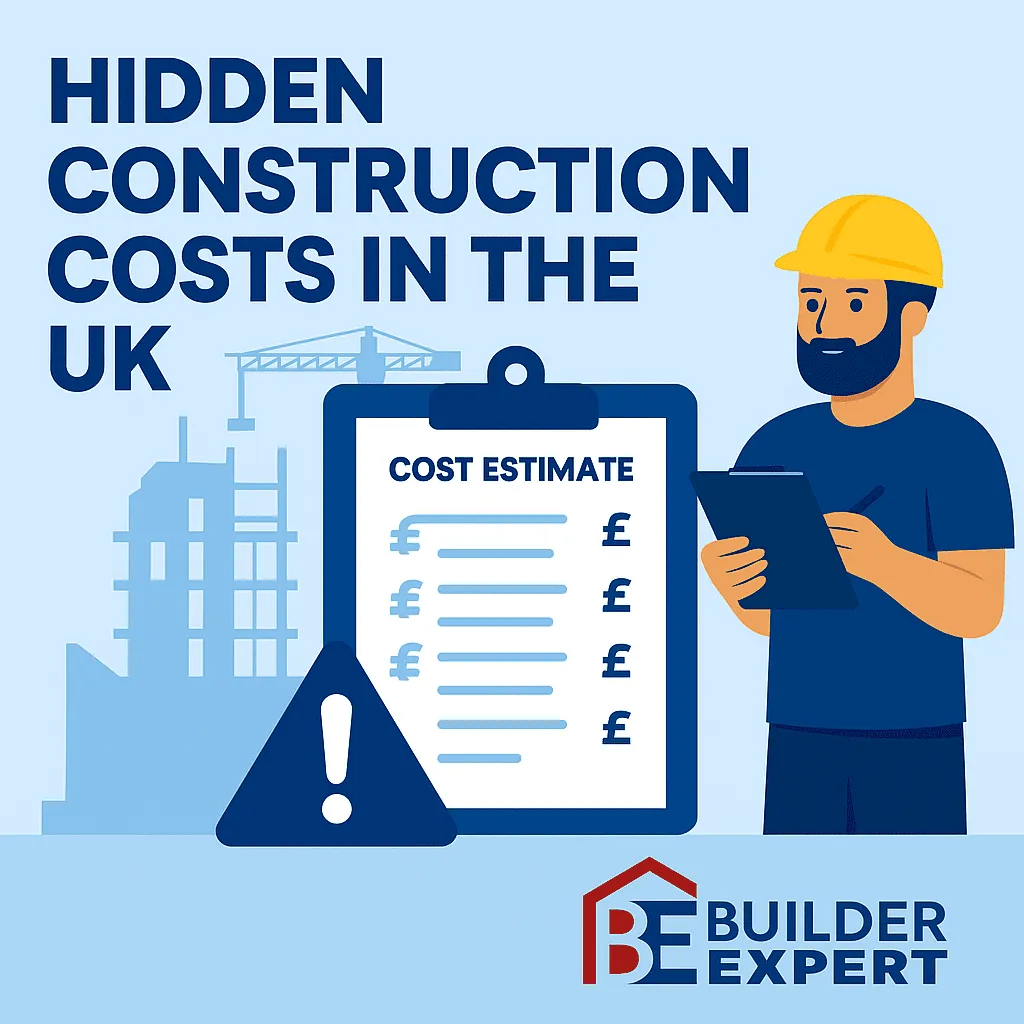 Infographic showing the top 5 hidden construction costs UK homeowners and builders should budget for