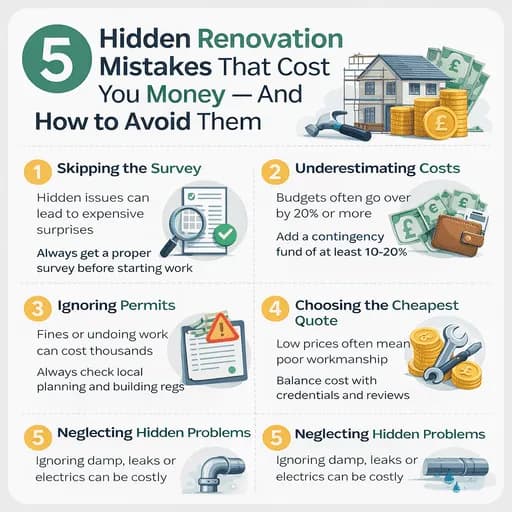 Infographic showing 5 hidden renovation mistakes that cost UK homeowners money and how to avoid them