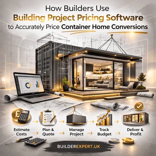 Infographic showing how UK builders use building project pricing software to price container home conversions