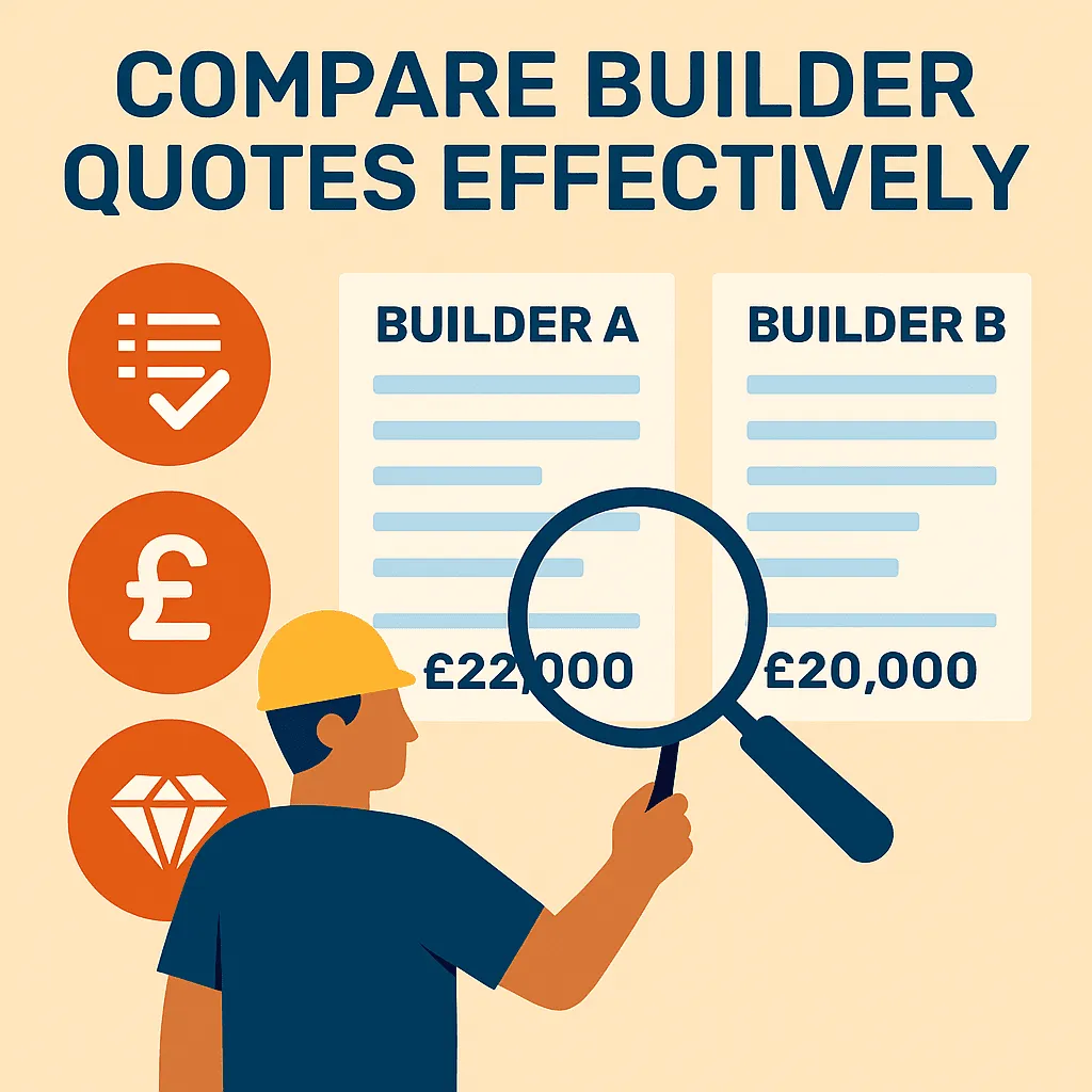 Infographic showing how UK homeowners can compare builder quotes by scope, quality and cost