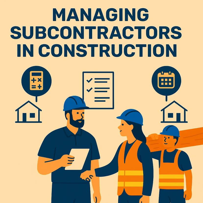 Infographic on managing subcontractors in construction covering contracts, scheduling, payment and communication for UK builders