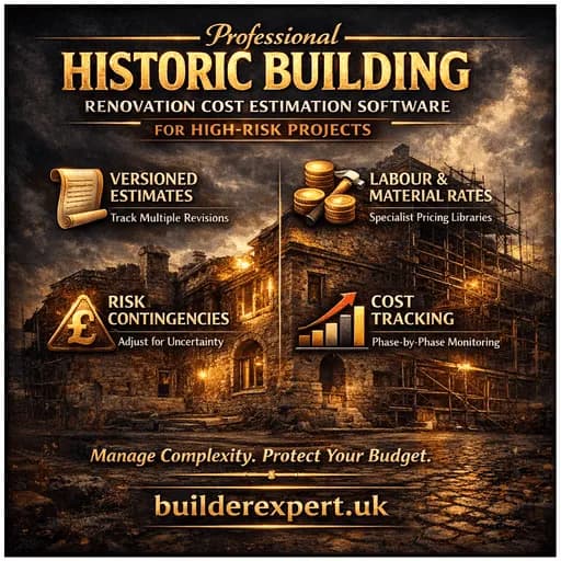 Infographic on building renovation cost estimation software for historic, high-risk renovation projects