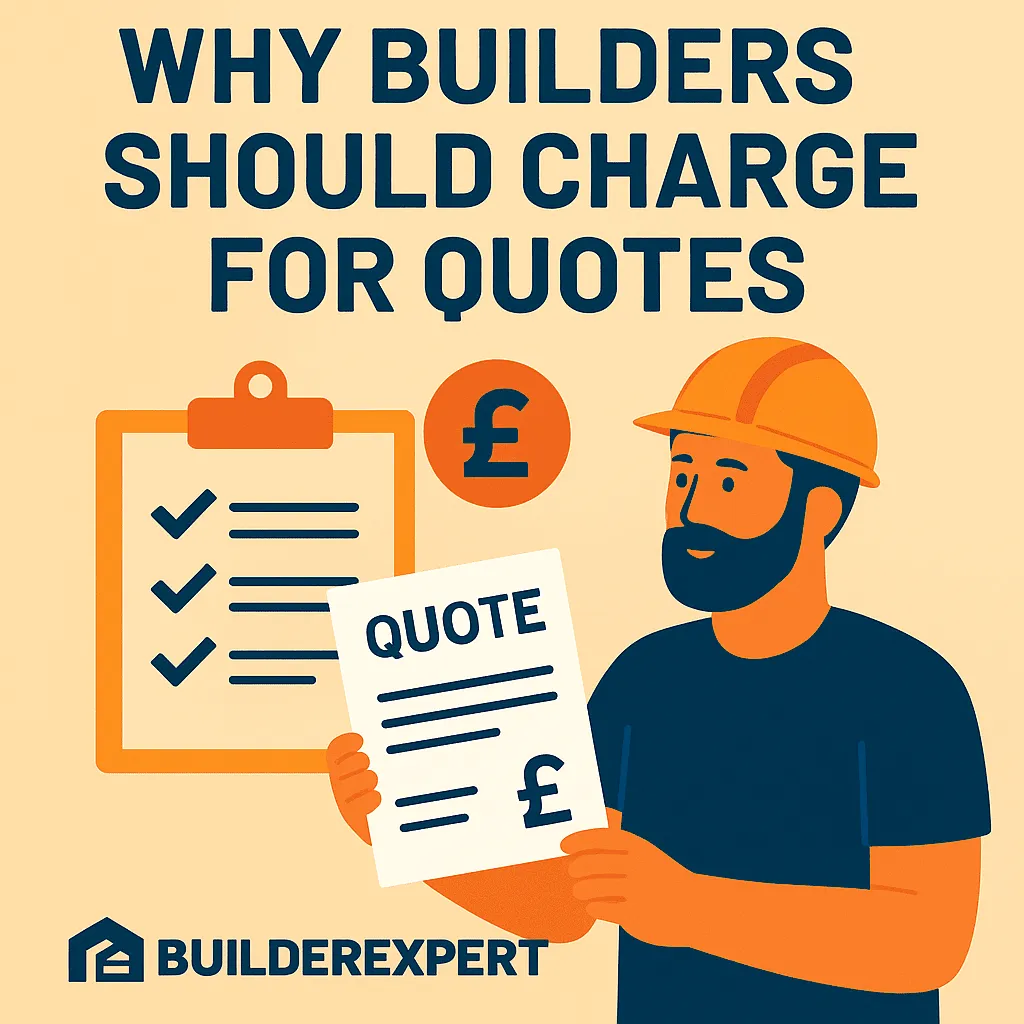 Infographic on whether builders should charge for quotes, showing benefits, timing and pricing tips