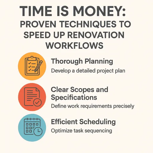 Infographic showing construction estimating techniques that speed up UK residential renovation workflows and reduce delays